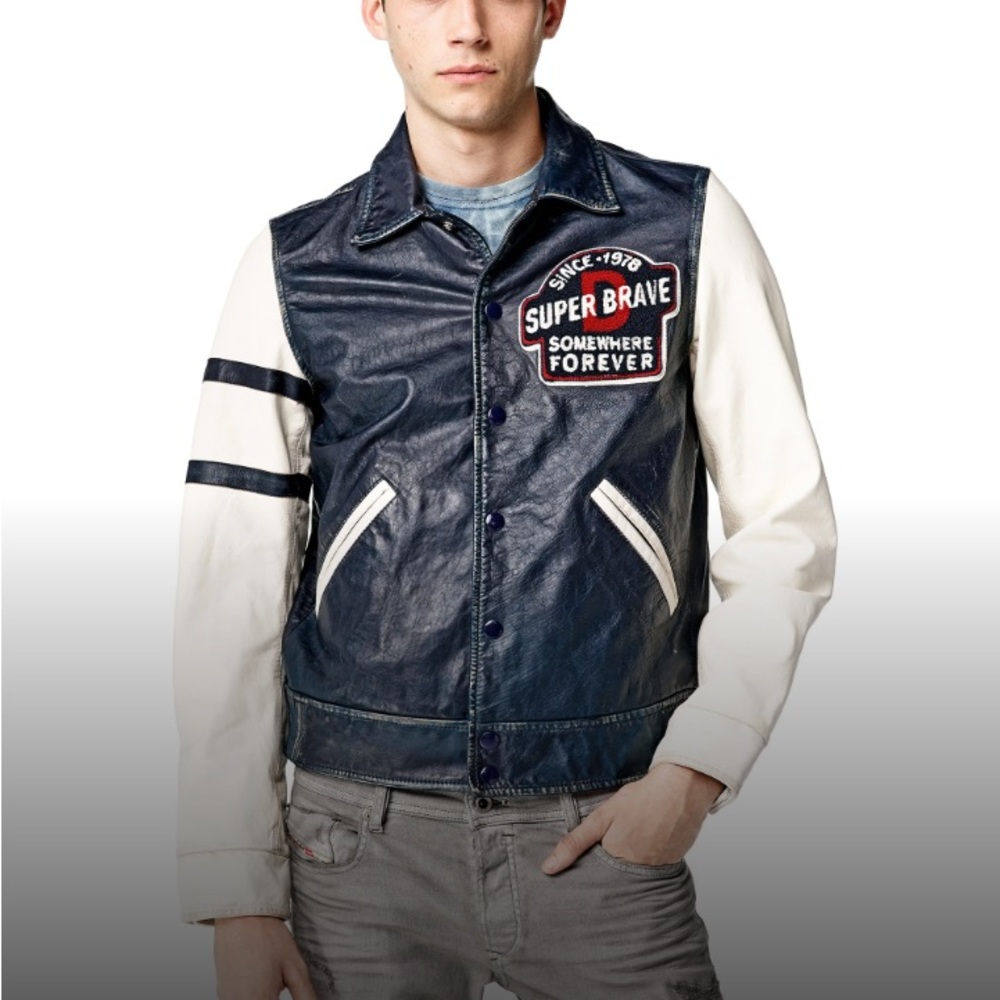 DIESEL Leather jacket L-Hokens, Blue w/ White sleeves, Moto Varsity distressed,